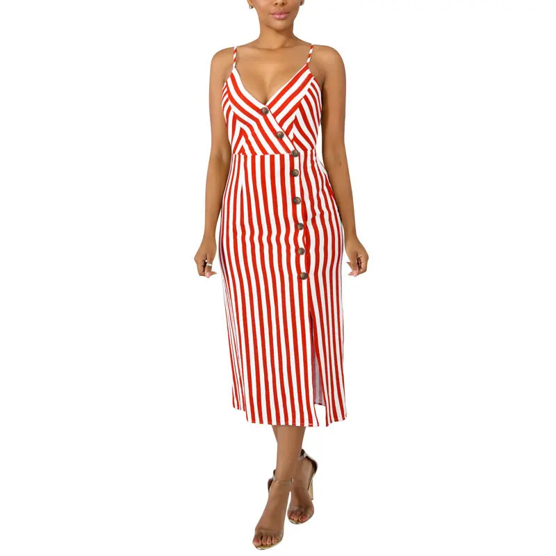 

80908-MX172 3 colors spaghetti straps split stripes women dresses with button