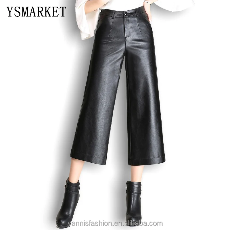 

women PU faux leather pants autumn winter new fashion high waist pants seven wide leg pants lady trousers plus size E9836