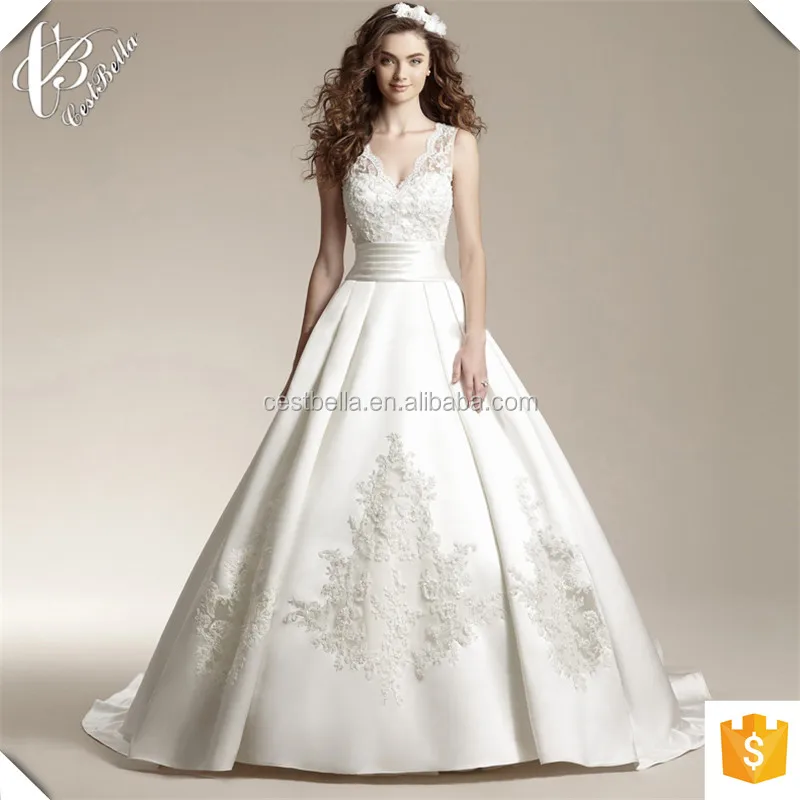 

Hot Sale White V Neck Organza Satin Ball Gown Long Train Embroidered Wedding Dress