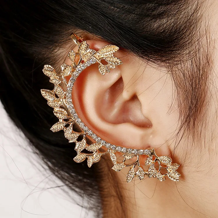

Fashion Zircon Women Girl Classic Alloy Gold Jewelry Silver and Crystal Leaf Clip-On Right Single Left Earring Clip, Gold,silver