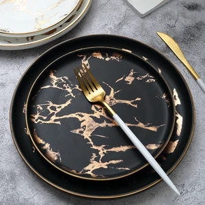 China Dinnerware Round Shaped Gold Black Marble Cheap Bulk Crockery Plate, Dinner Plates For Restaurant, 10 inch dinner plate