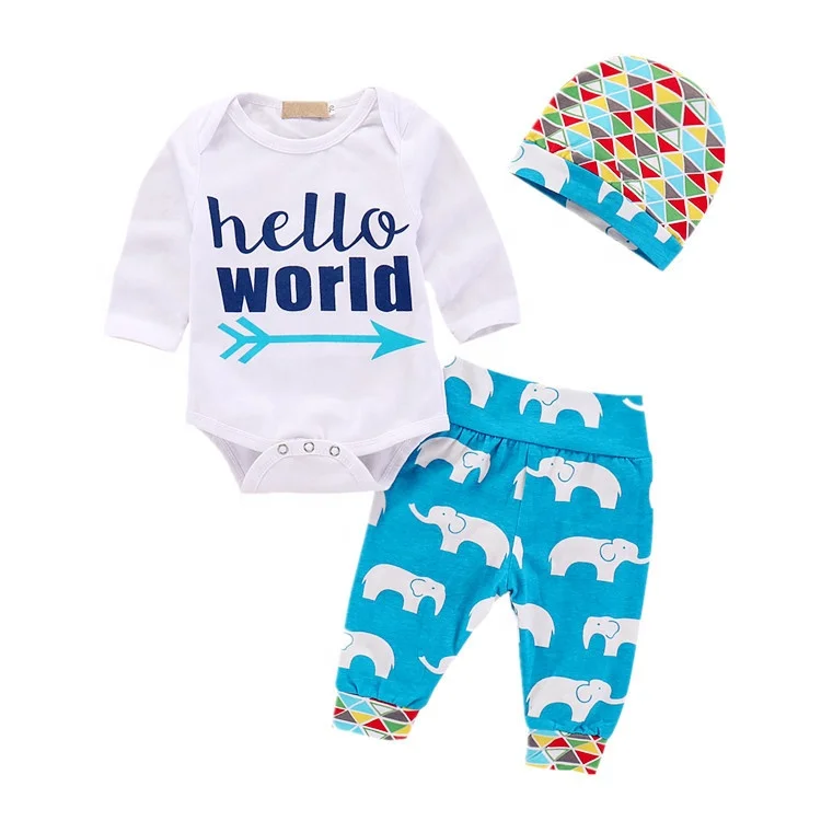 

Wholesale Newborn Baby Clothes Set Elephant Romper Pants Hat Set, As picture