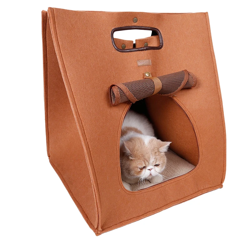 

3 in 1 function Foldable Outdoor Pet House Bed Felt Pet Carrier Dog Cat Travel Bag, Brown, grey