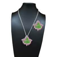 

Topvesko Alpha Kap Alpha Sorority Pink and Green AKA Ivy Leaf Brooch Sister Necklace Set
