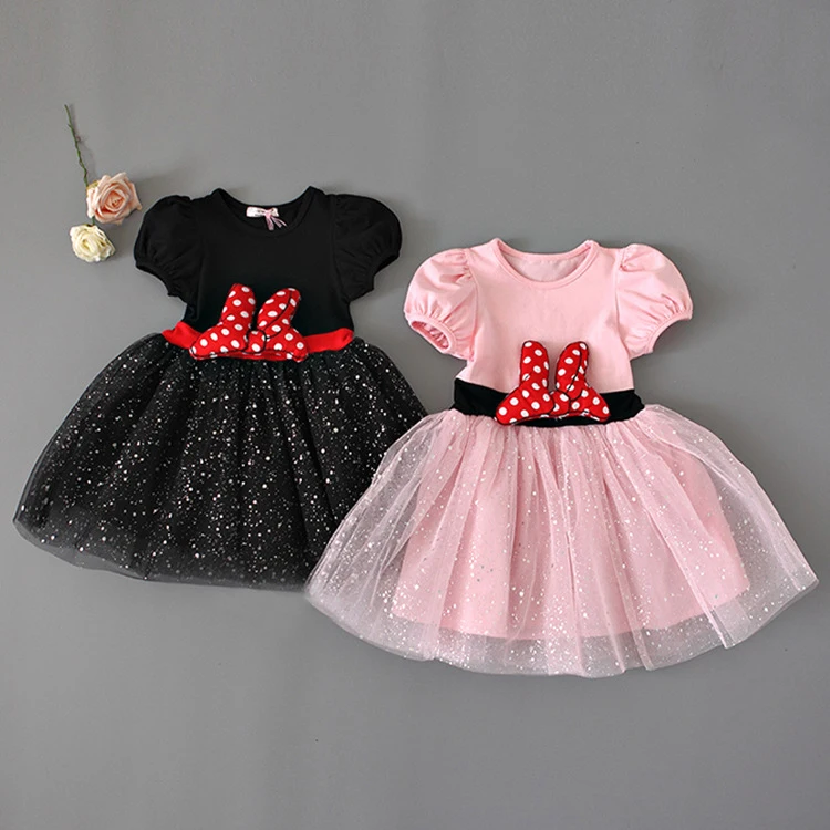 

Cartoon Kids Girls Casual Dresses Wholesale Mouse Minnie Knee Length Dress with Minnie Bow Waistband, Pink, black
