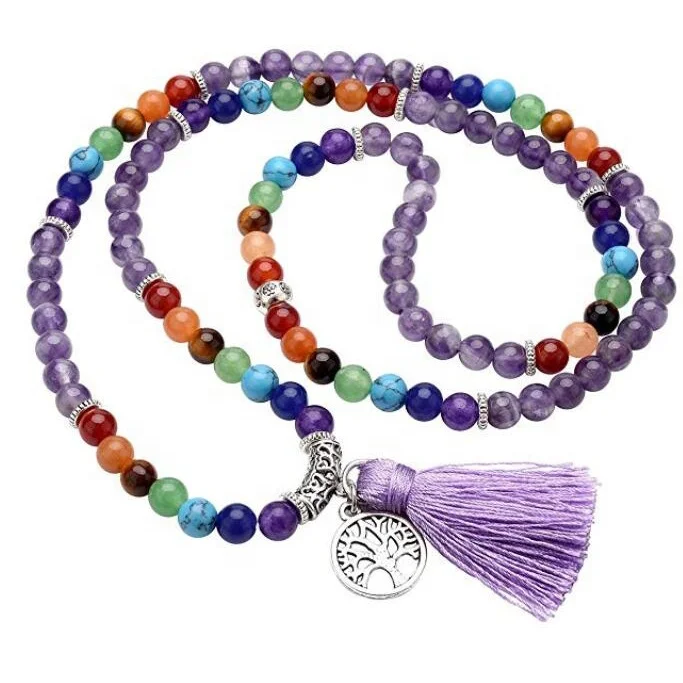 

6mm 7 Chakra Mala Prayer Beads with Tree of Life Tassel Charm 108 Meditation Healing Natural Amethyst Bracelet/Necklace, 100% natural