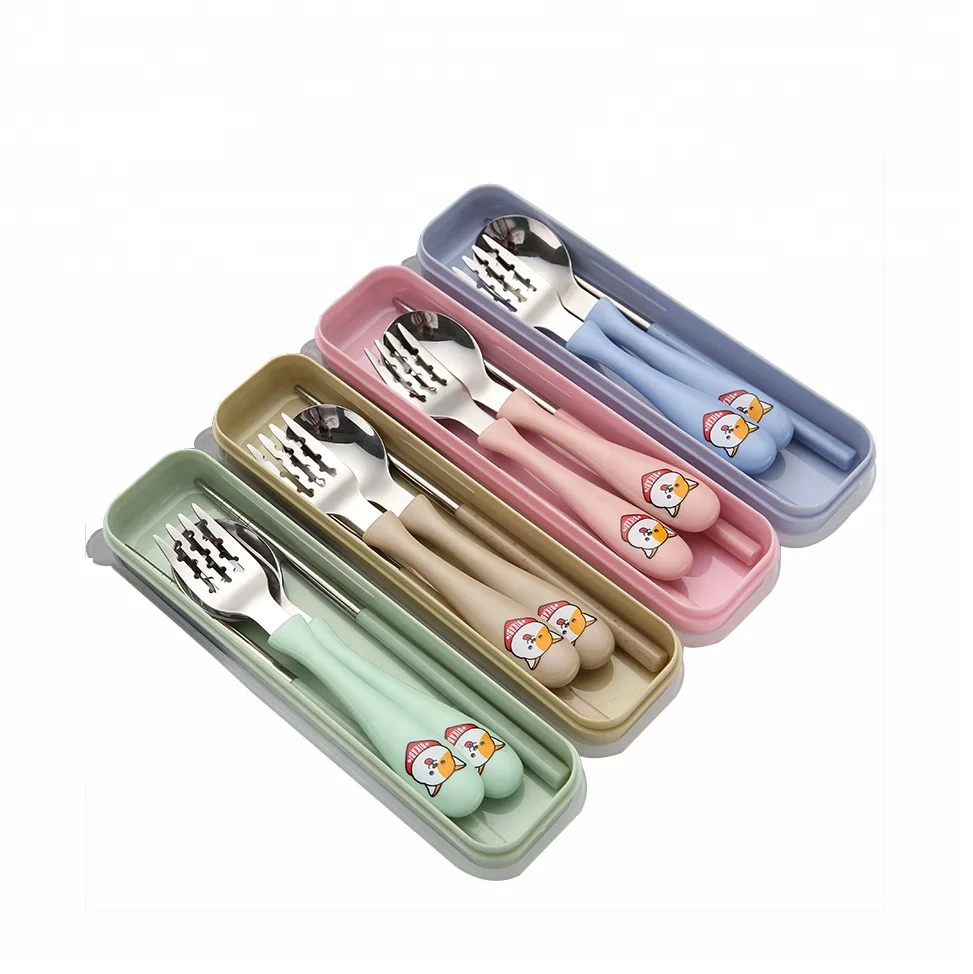 

Stainless Steel 304 kids cutlery set with box packing spoon and fork with animal plastic handle