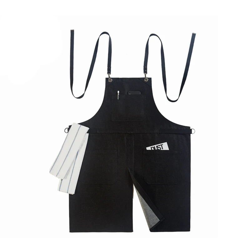 

Leather straps black denim work apron for barista skirt restaurant gardening floral hair stylist salon overalls custom logo