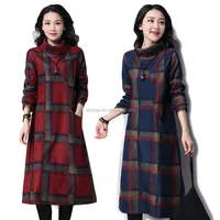 

91035 Women Wool Dress autumn and winter retro ladies loose plaid plus velvet padded dress