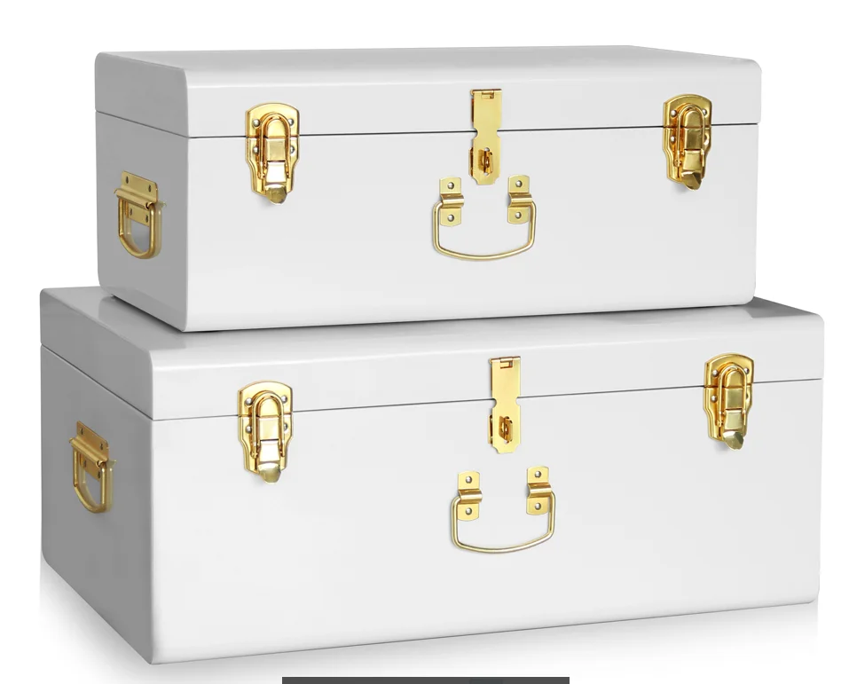 Home Decor Set Of 2 French Vintage White Metal Storage Trunk With Gold ...