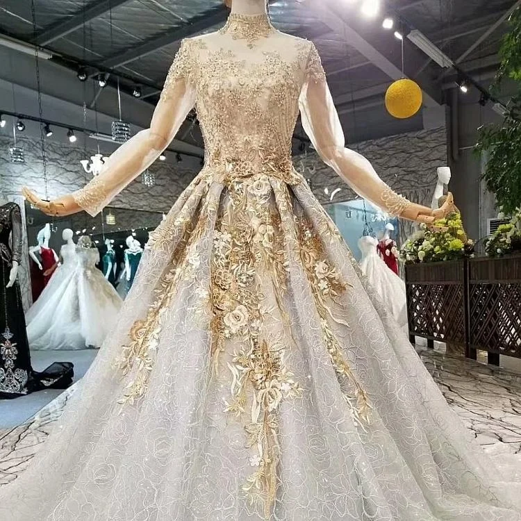 

855111 Long Sleeves High Neck Wedding Dress 2018 Golden Embroidered Fabric Vestido de noiva Sweep Train Princess Wedding Dress, Green
