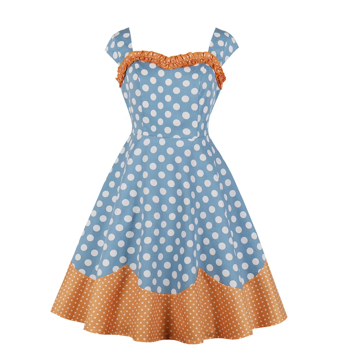 

Wide Strap 50s Retro Vintage Dress Wholesale Sweetheart Frill Neck Women Casual Dresses Girls Polka Dots Cotton Woman Dress, Orange and blue