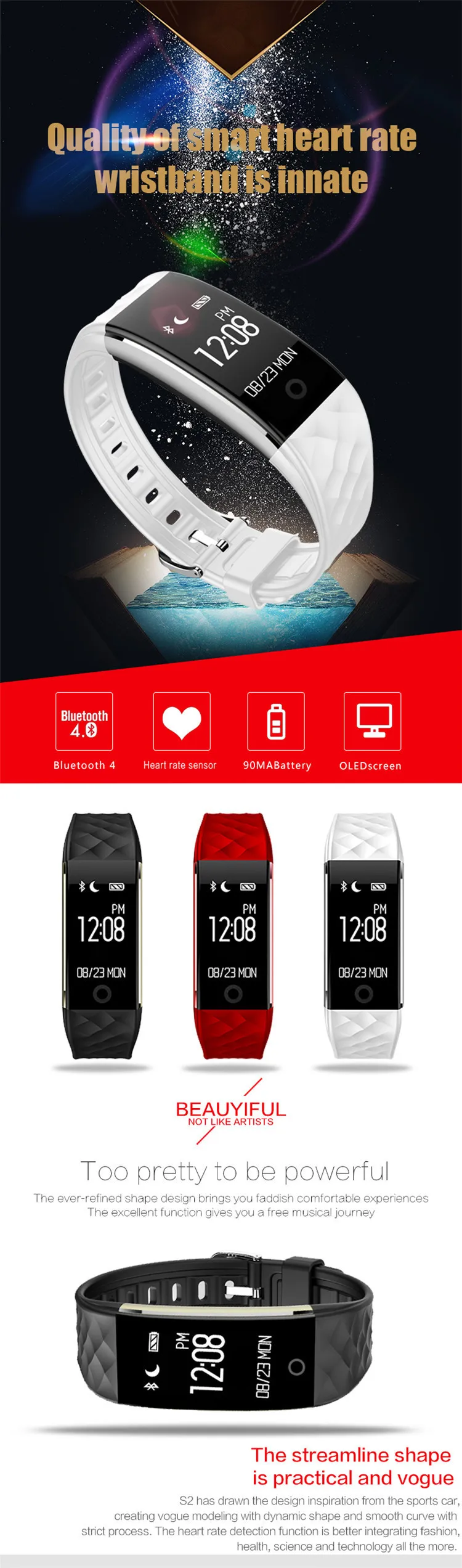 Waterproof activity tracker with heart rate monitor S2 smart wristband bracelet sport fitness band