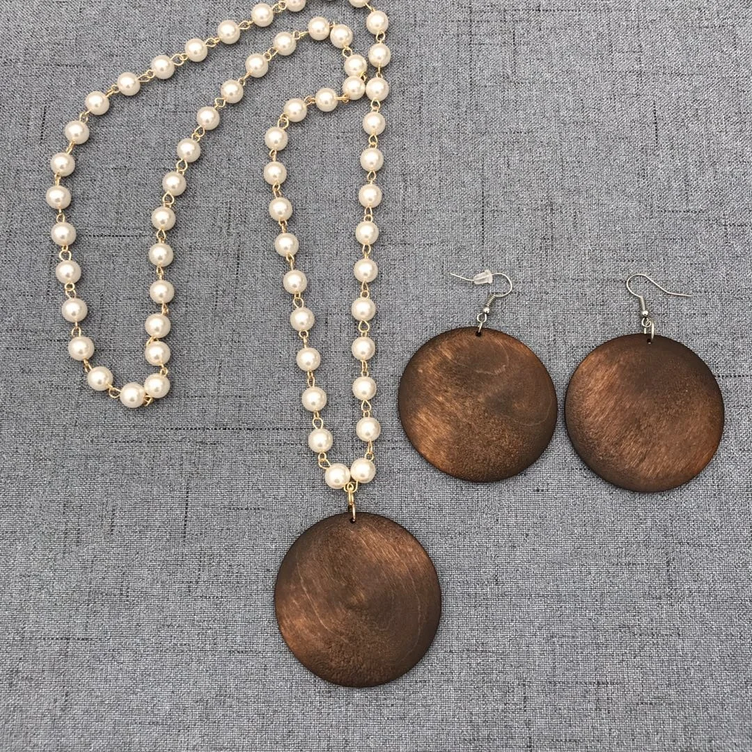 

CHEAP HANDMADE PEARL CHAIN WOOD DISC PENDANT NECKLACE EARRING SET