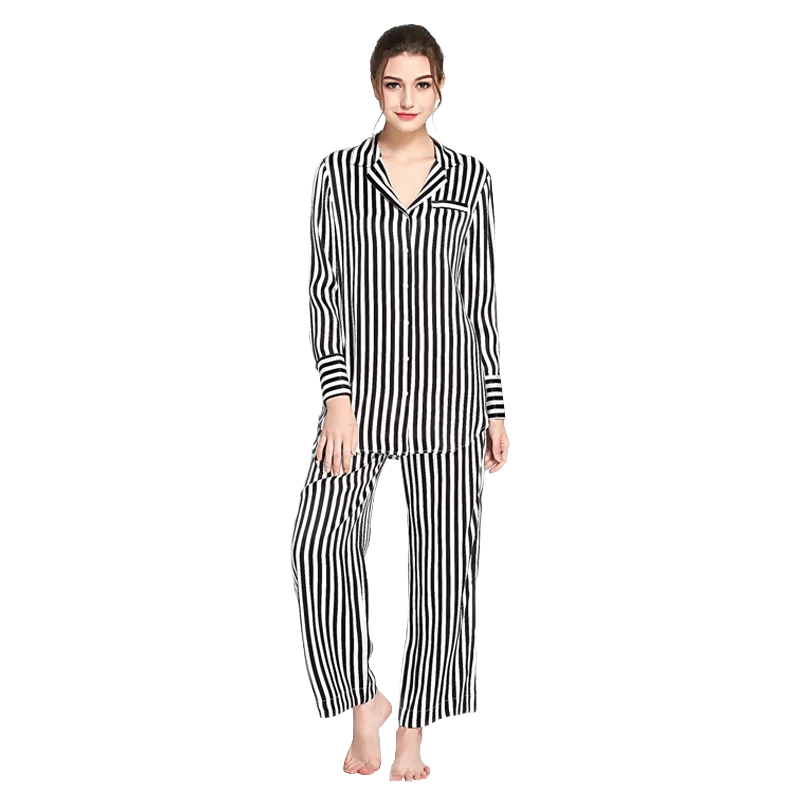 

Wholesale 100% Silk Satin Women New Fashion Stripe Print Pajamas Shirt and Pant Pyjama Set Homewear, Black white stripe;blue white stripe