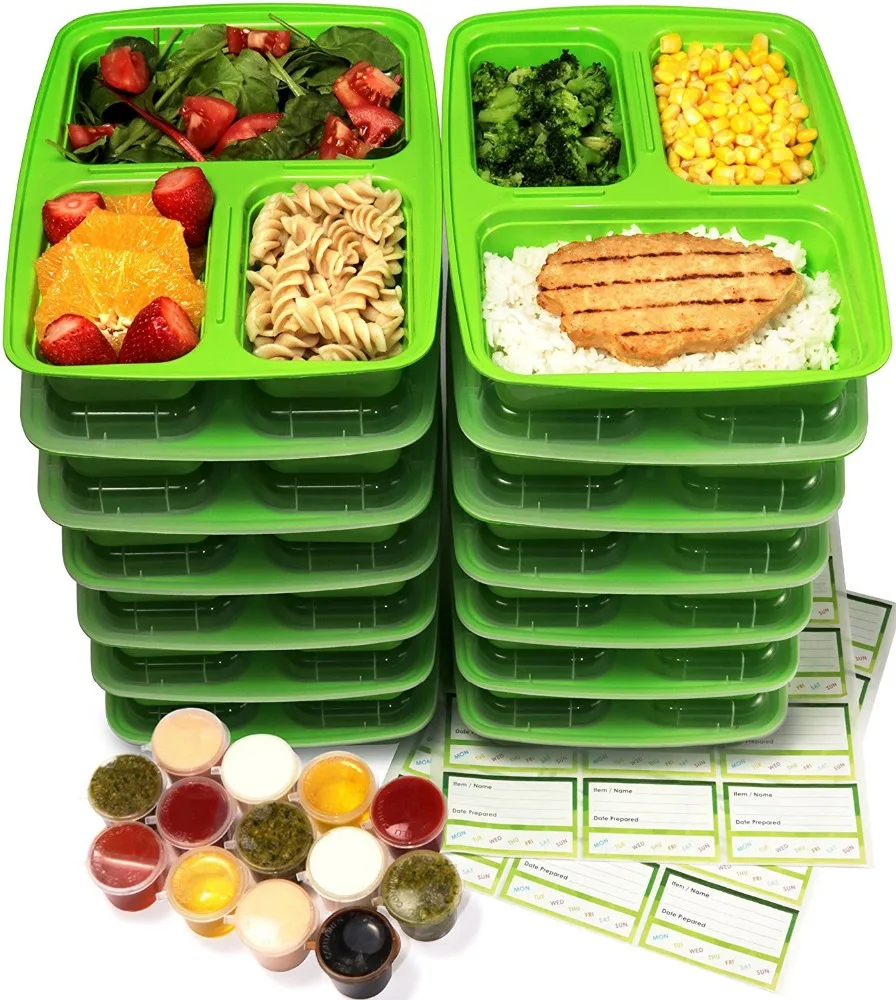 Meal Prep Containers 3 Compartment Pack Leak Proof 1oz Sauce Cups Dishwasher Safe Bento Lunch Boxes Food Storage BPA Free