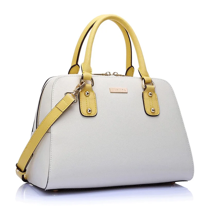 

FREE TAX Myanmar BSCI authorized handbag manufacturer CC2022B# Lady China supplier satchel handbags moda mujer bolsos, White+yellow, various colors available