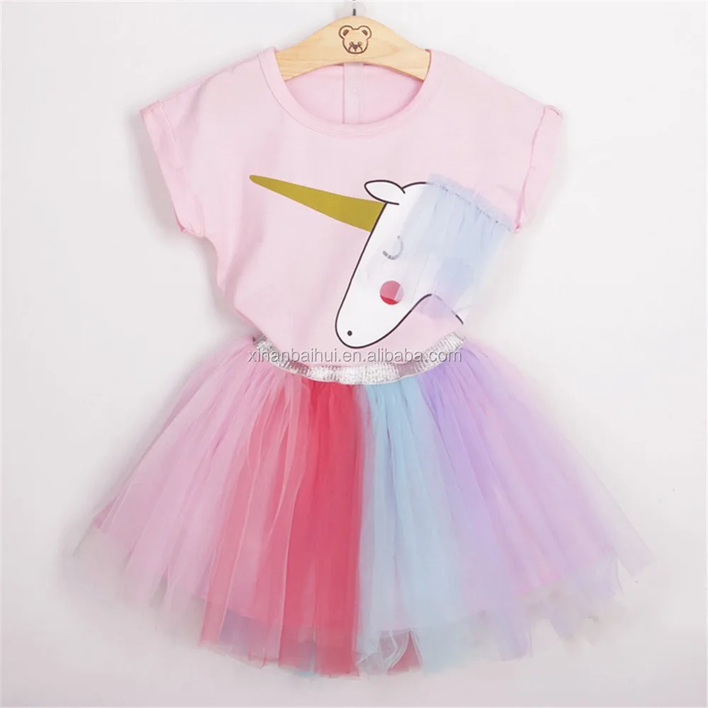 

Hot selling British style girl suit Lovely Unicorn kid set Pink T-shirt and colorful skirt for girl birthday party