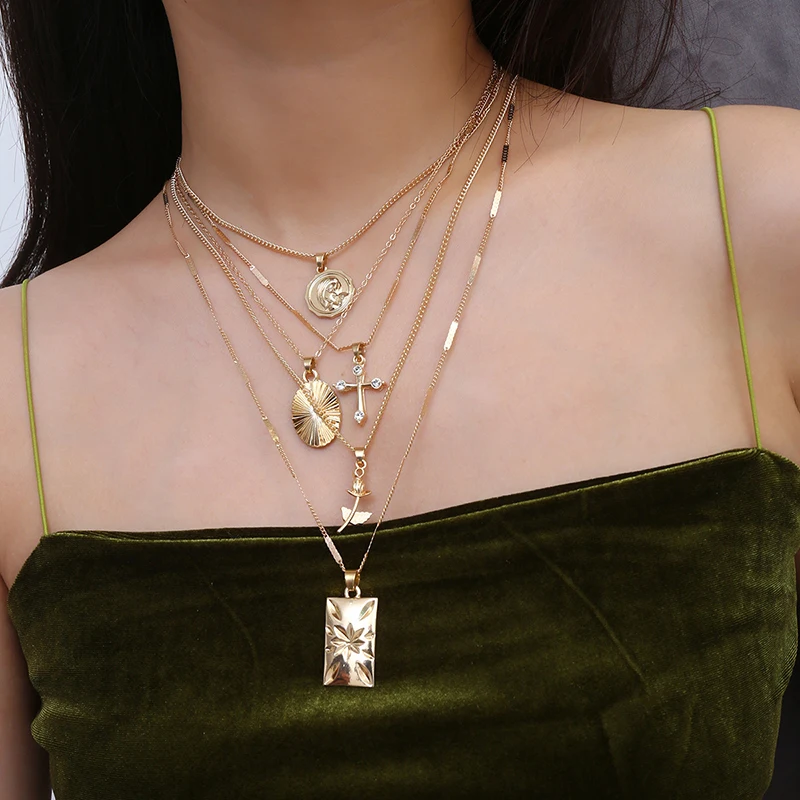 

Multilayer Rose Cross Pendant Choker Necklace Set Boho Golden Carve Portrait Coin Long Chain Necklace For Women Gift (KNK5066), Silver, gold