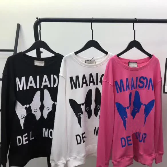 

top brand GU double dog pattern hoodie back with bling degin round collar sweatshirts for women, Black/white/fuchsia