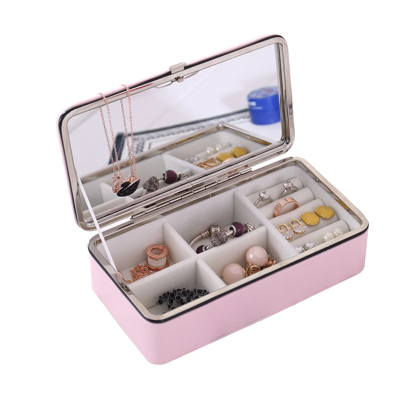 

2020 Custom Logo Print PU Leather Travel Jewelry Box Organizer With Mirror Velvet Small Necklace Ring Earring Girls Jewelry Case, Pink, white