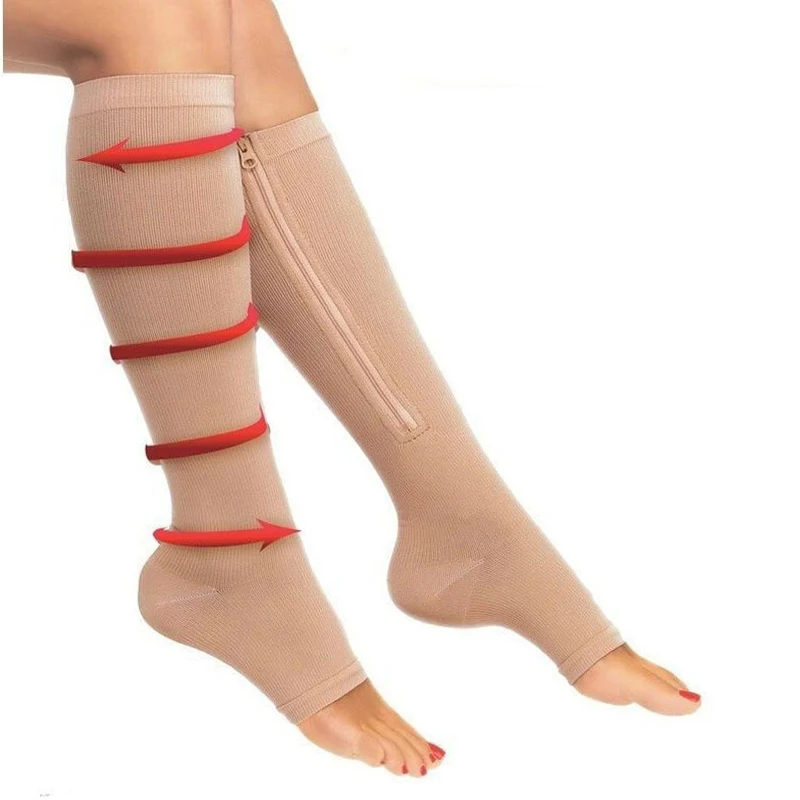 

Compression Socks Zip Leg Support Knee-High Stockings Sox Open Toe, White;black;red ...