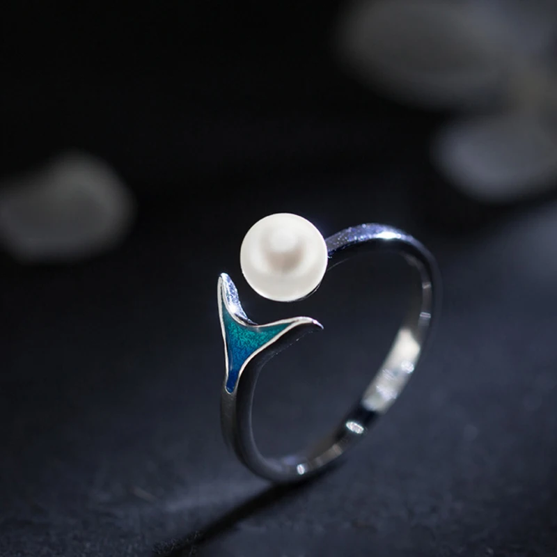 

Korea New Design 925 Sterling Silver Simple Fashion Mermaid Tail Pearl Open Ring Jewelry for Women