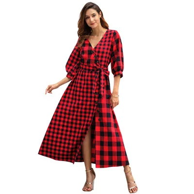 

Plaid Long Sleeve Elegant Vintage V-Neck Button Down Shirt Dress with Belt, N/a