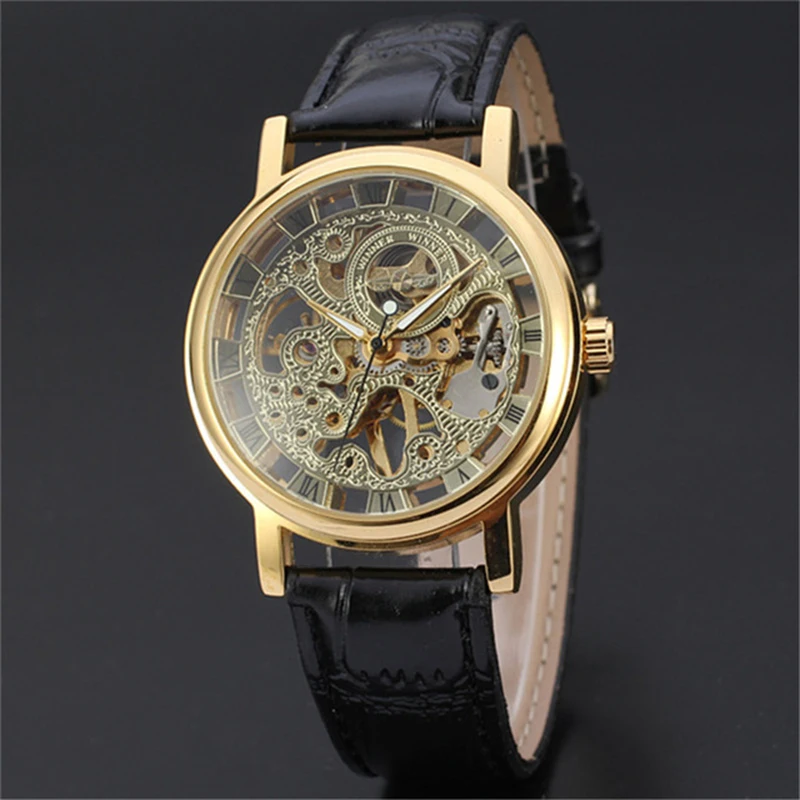 

Top Brand Luxury Automatic / Hand Wind Mechanical Watches Retro Leather Fashion Skeleton Analog Dial Men Women Winner Watch