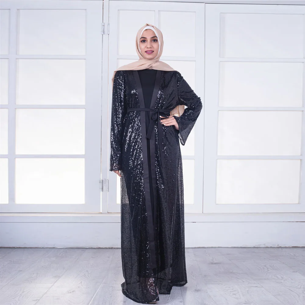 

2018 New fashion shinning sequin black abaya muslim dresses, According to the picture