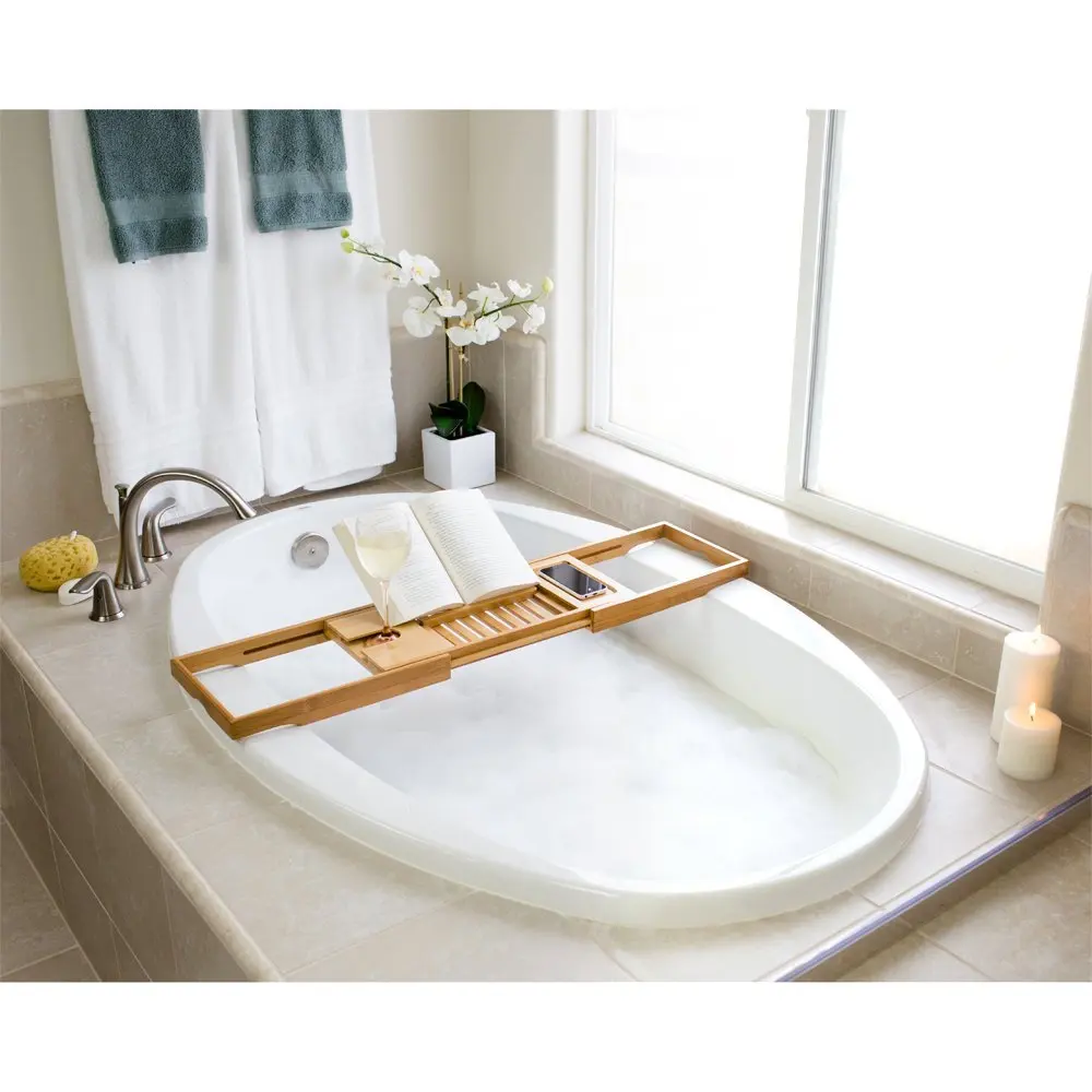 With Wood Bath Table Shelf Holds Tablet Book Pad Phone And A Glass
