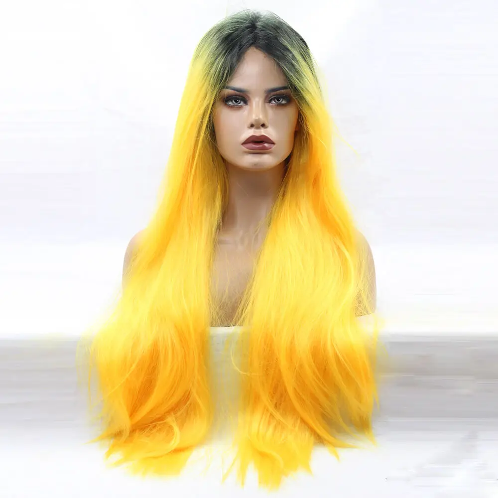 Fashion Hair Black Root Neon Yellow Ombre Women Long Wavy Wig