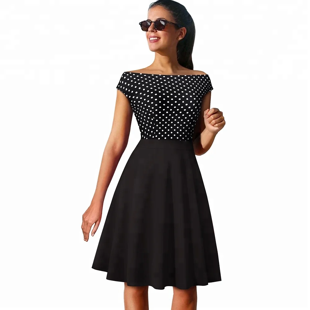 

1950s Vintage Polka Dot Prom Dress Sexy Off The Shoulder Black Party Dress, Customized
