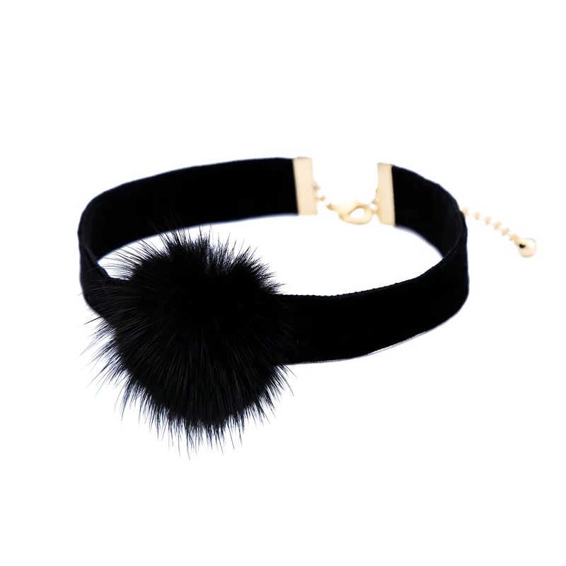 

xl01078b Korea Jewelry Velvet Fluffy Black Fur Pompon Necklace Choker