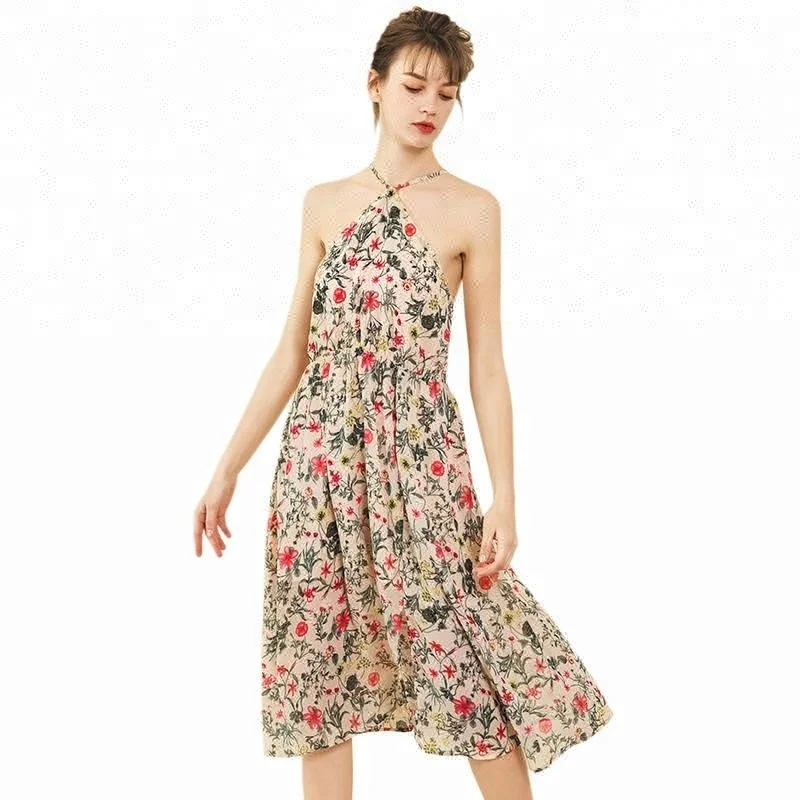 

Beautiful Print Midi Sexy Backless Flow Long Chiffon Women Floral Spaghetti Strap Beach Dress, Printed
