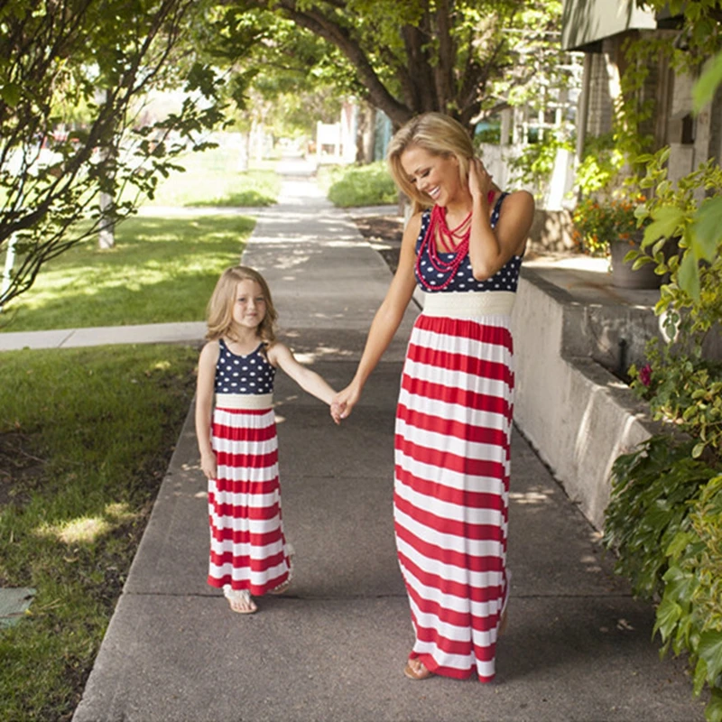 Fashion 4th Of July maxi SMOCKED dress wide red and white stripes match blue dot sleeveless dress for mom and baby sets, Shown