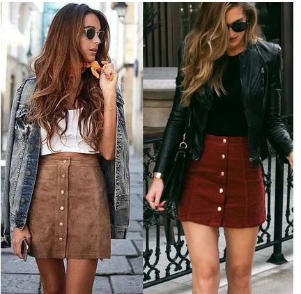 

Apparel suede leather women skirt 90's Vintage short skirt Winter high waist casual skirts with button A391