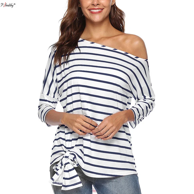 

Oversized lace-up tshirt strip blouse ladies shirts for women long sleeve one shoulder top women, As picture