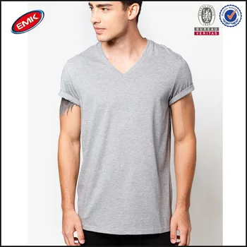 Grey Plain Basic V Neck T Shirt With Turn-up Sleeve - Buy V Neck T ...