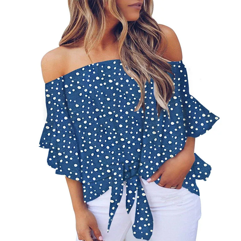 

Women Polka Dot 3/4 Bell Sleeve Off Shoulder Tops T Shirt, As shown