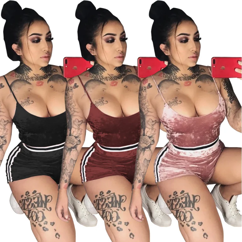 

new 2019 women Fashion summer Velvet Tops Short Pants Split 2 Piece Set Casual Casual Outfit tracksuit jogging femme clothes, N/a