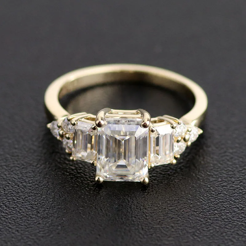 

Beautiful design 6x8mm Emerald cut center Moissanite diamond ring in14k yellow gold for ladies