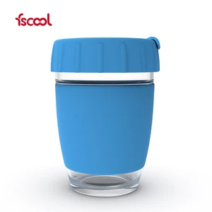 Fscool Custom Logo Reusable Leakproof Silicone Glass Coffee Cup With Silicone Sleeve And Lid