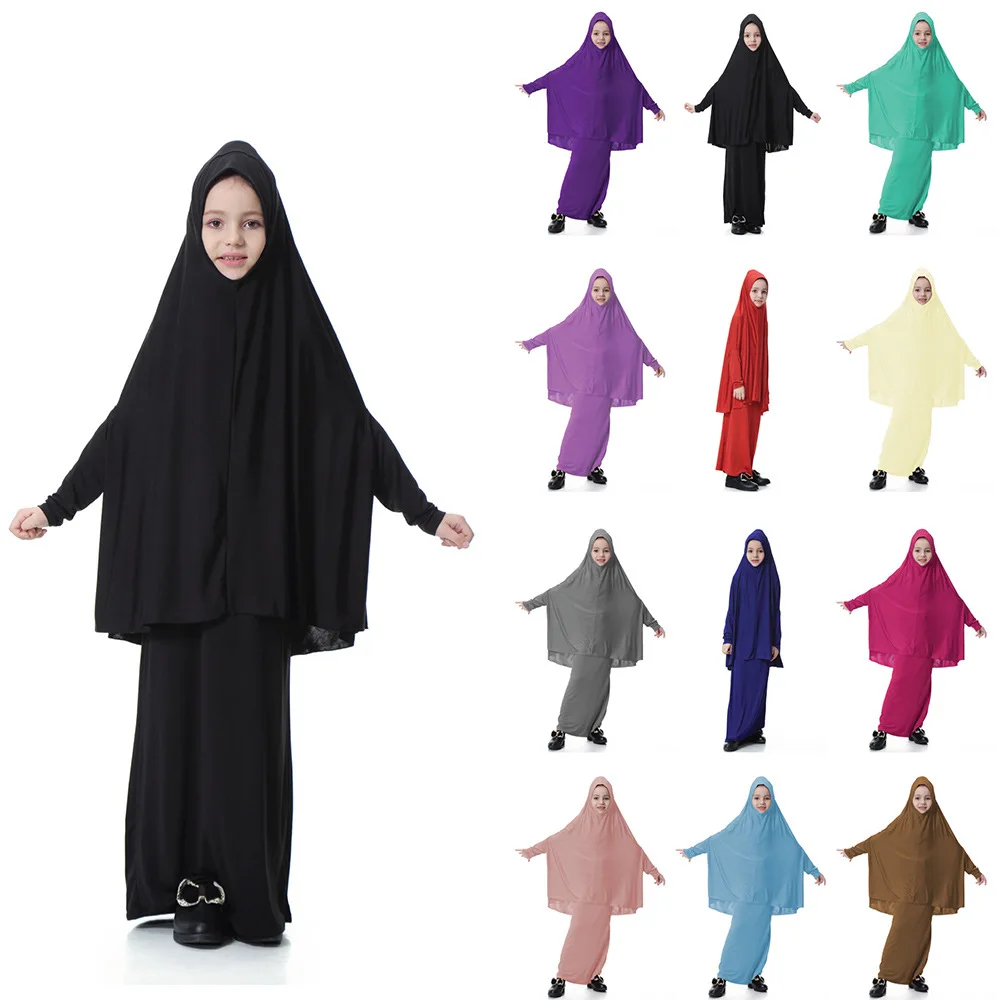 

New style girl spring dress long sleeved cotton polyester pashmina 2 pc children dress abaya, Multi colors