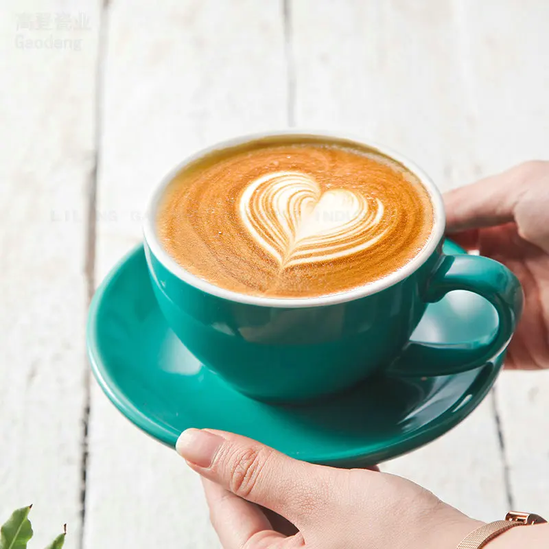 

China manufactures 220cc solid color cappuccino ceramic coffee cup and saucer set, bubble tea cups ceramics porcelain, tea cups