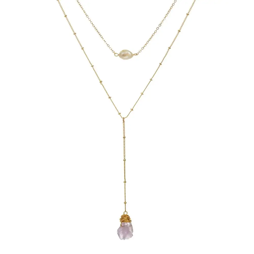 

Boho Chic Purple Amethyst Double Layered Choker Pendant Necklace For Women Beach Jewelry (SK485), As picture