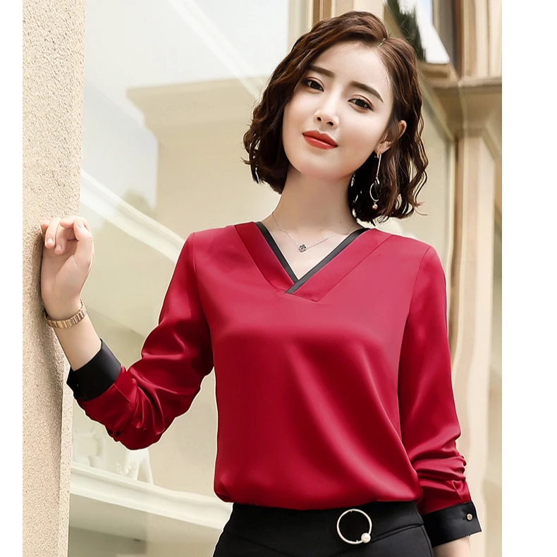 Temperament V Neck shirt women High quality chiffon fashion long sleeve blouse office formal Loose plus size tops Red for women