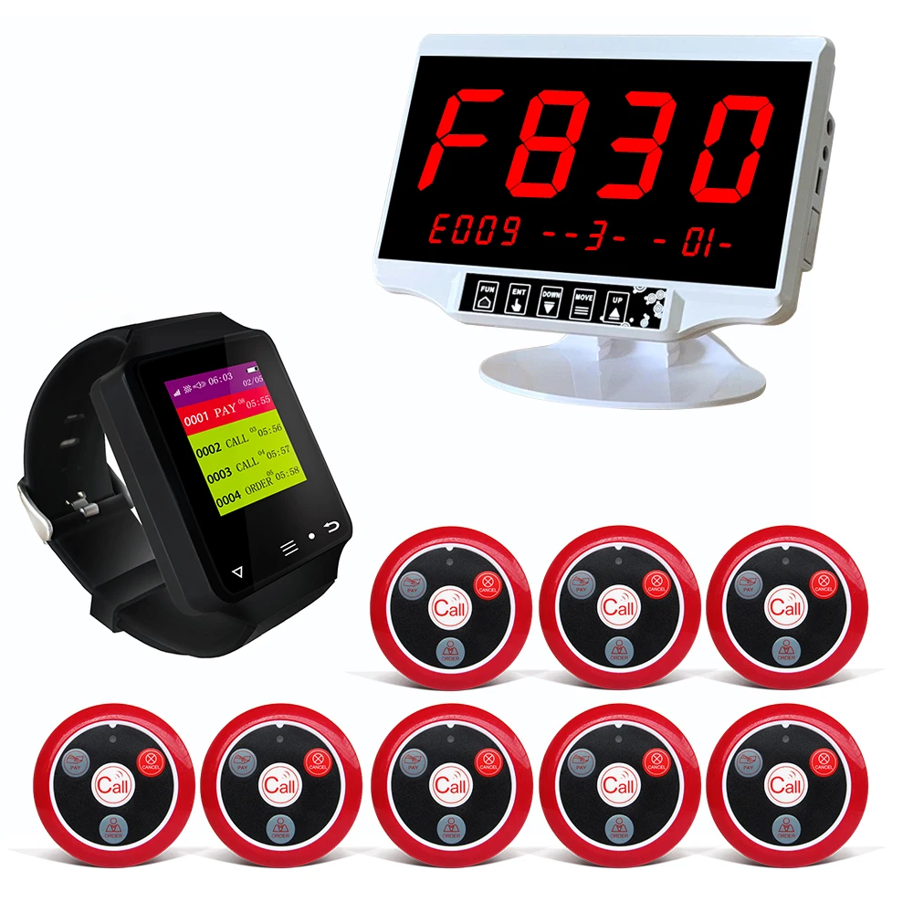 

Artom Wireless table button call bell system with waterproof watch receiver set in different language and customized free logo