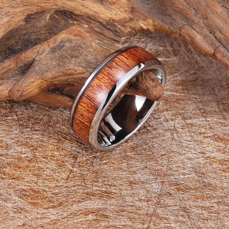 
2019 Wholesale Rings Jewelry Type Bezel Setting Type Koa Wood Inlay Tungsten Rings For Men 
