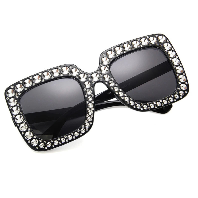 

Fashion Women Luxury Oversized Bling Black Square Rhinestone Sunglasses, 8 colors